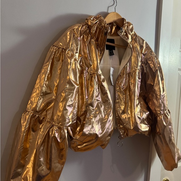 Forever 21 Disco  Metallic Gold Cropped Bomber Jacket Medium - Picture 5 of 7